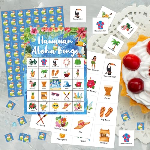 Hawaiian Aloha Bingo Game – 24 Tropical Luau Bingo Cards for Adults, Summer Party Supplies by HMJKL