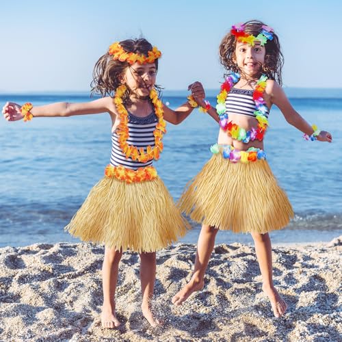 Hawaiian Hula Grass Skirt Set for Girls – 5-Piece Luau Costume with Flowers