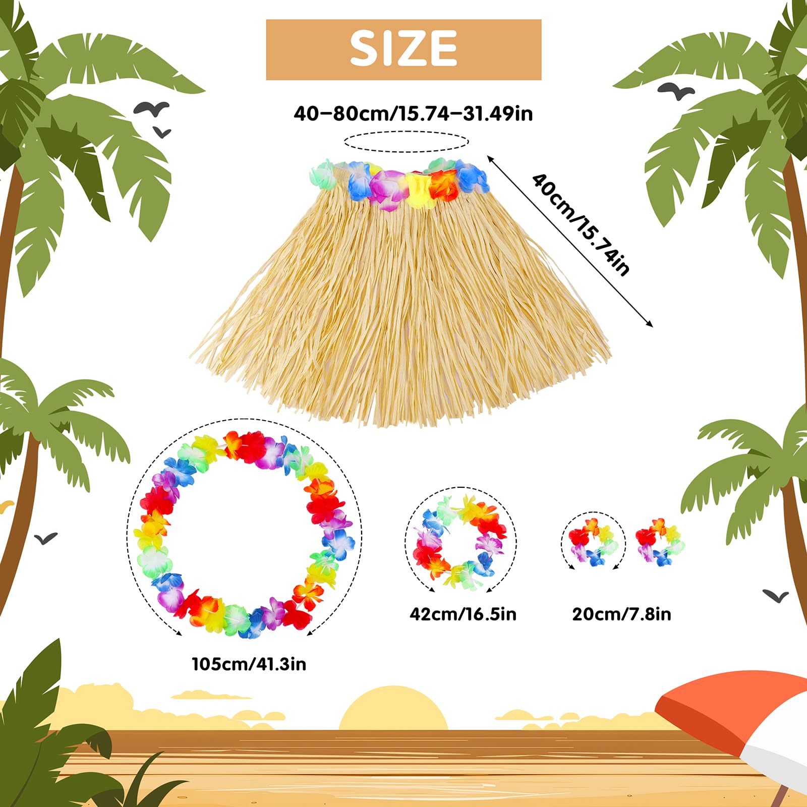 Hawaiian Hula Grass Skirt Set for Girls – 5-Piece Luau Costume with Flowers