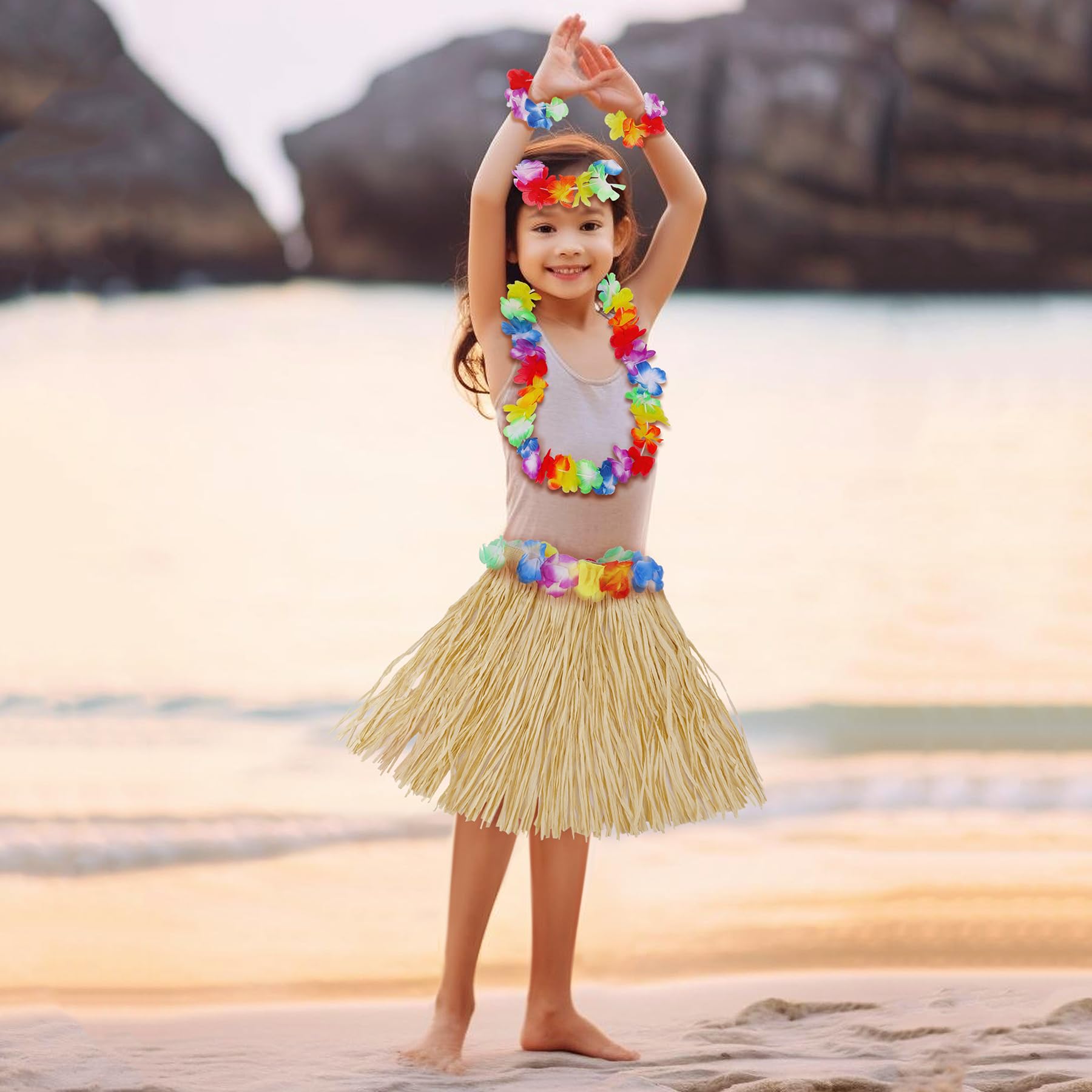 Hawaiian Hula Grass Skirt Set for Girls – 5-Piece Luau Costume with Flowers