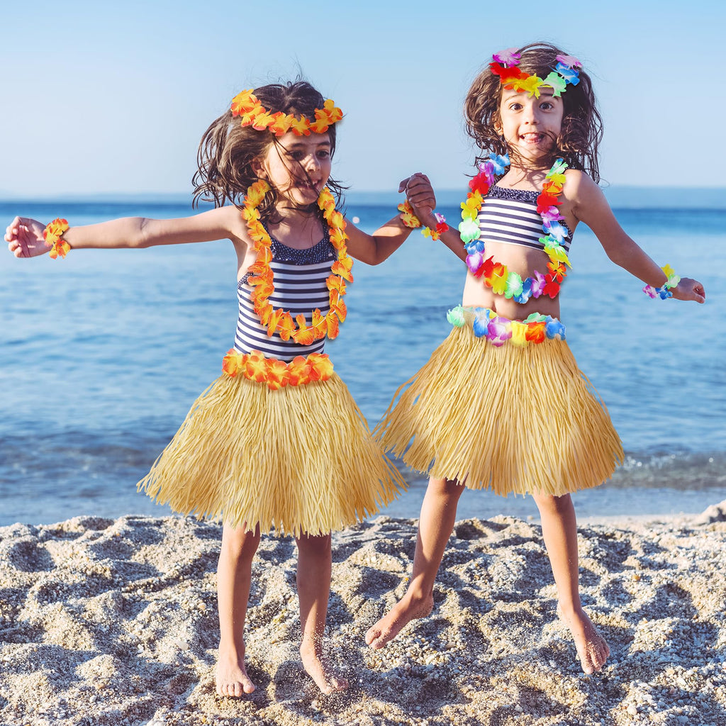 Hawaiian Hula Grass Skirt Set for Girls – 5-Piece Luau Costume with Flowers