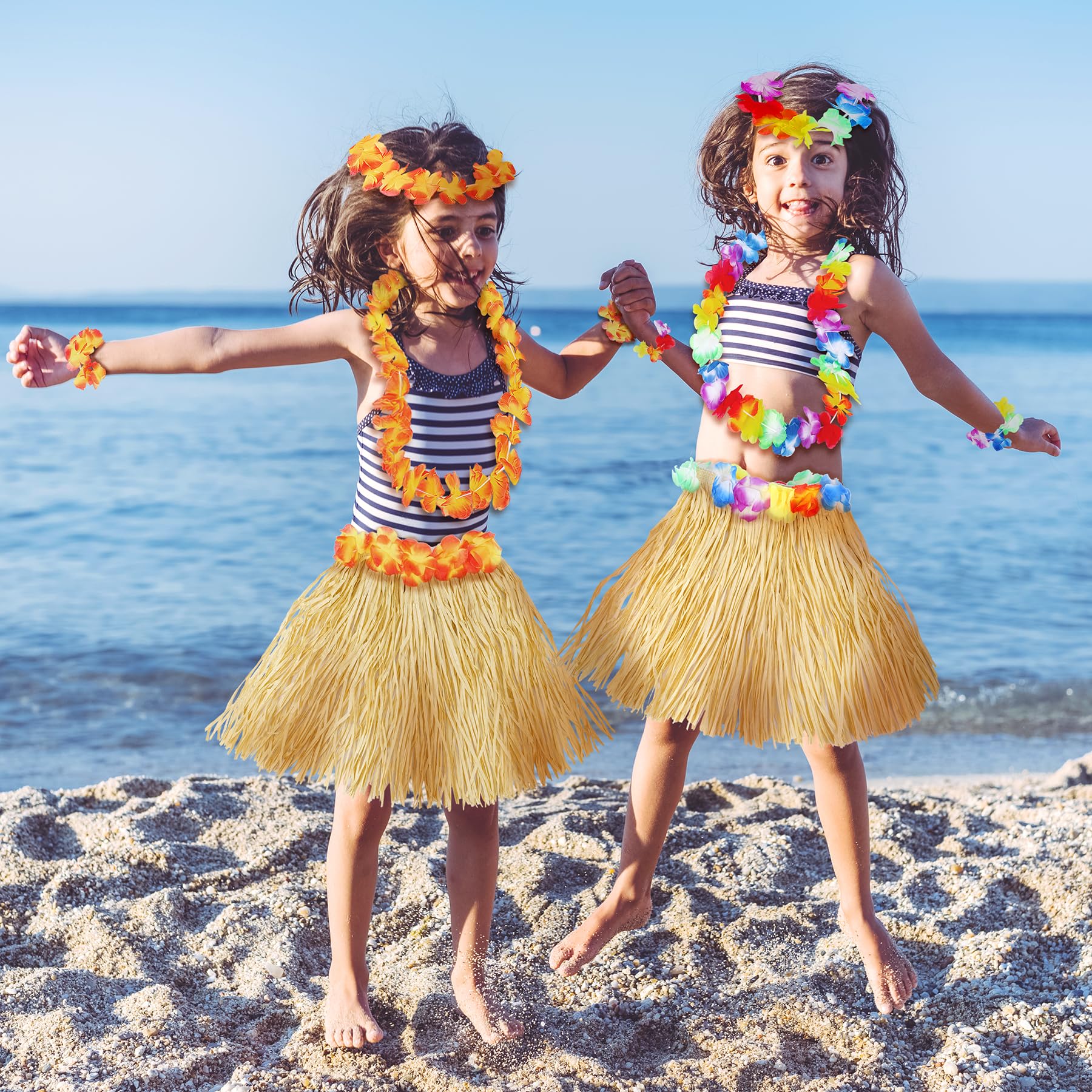 Hawaiian Hula Grass Skirt Set for Girls – 5-Piece Luau Costume with Flowers