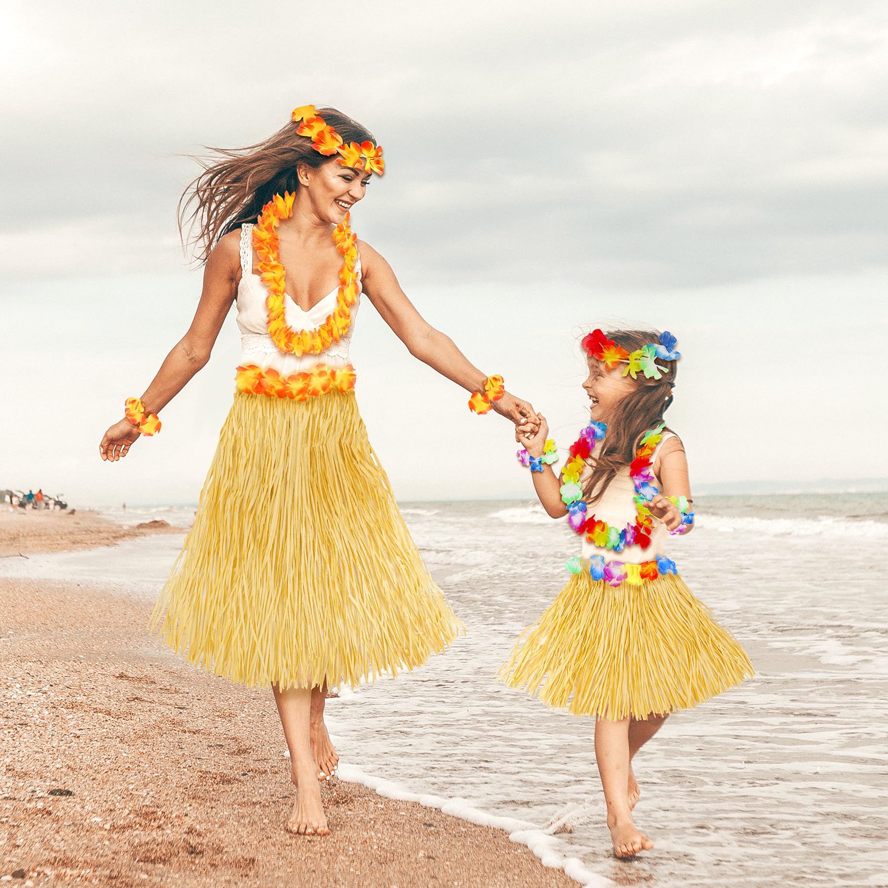 Hawaiian Hula Grass Skirt Set for Girls – 5-Piece Luau Costume with Flowers