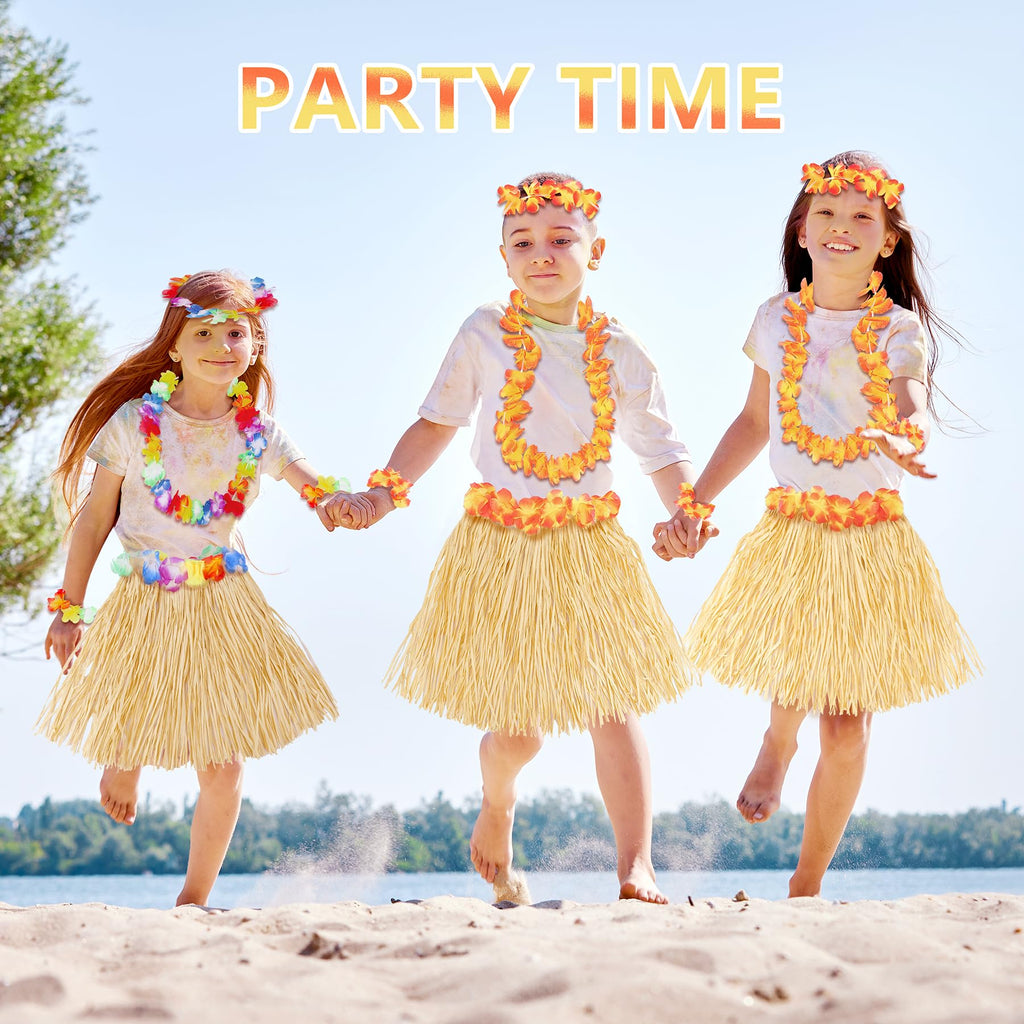 Hawaiian Hula Grass Skirt Set for Girls – 5-Piece Luau Costume with Flowers