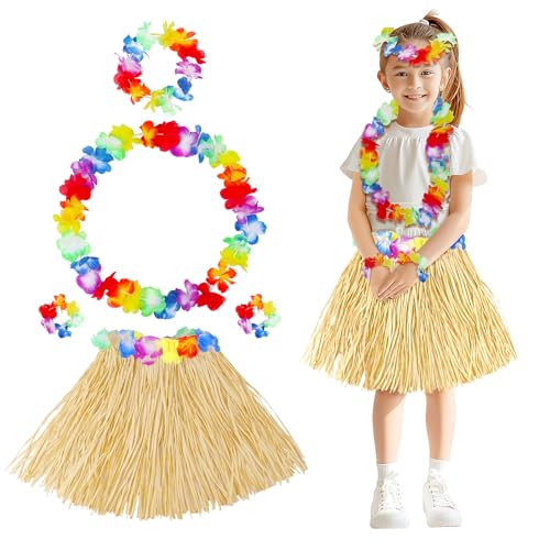 Hawaiian Hula Grass Skirt Set for Girls – 5-Piece Luau Costume with Flowers