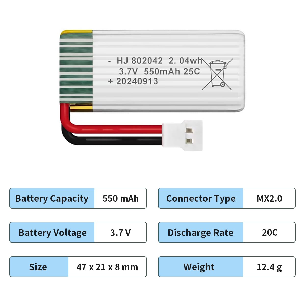 HAWK'S WORK 2 Pcs 3.7V 550mAh Lipo Battery with MX2.0 Connector for RC Models