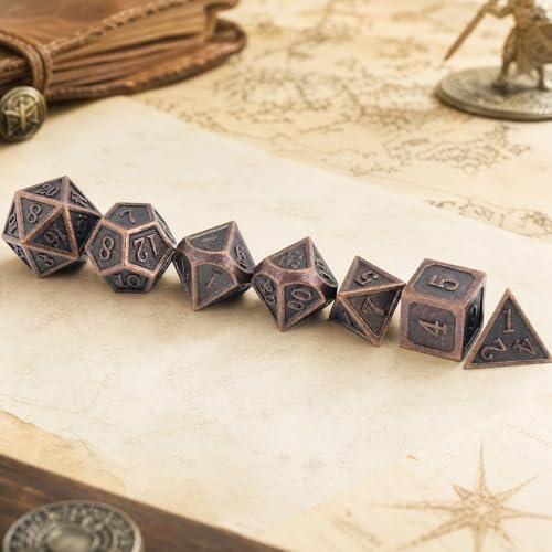 Haxtec Antique Copper Metal DND Dice Set with Leather Bag – 7-Piece Polyhedral Set