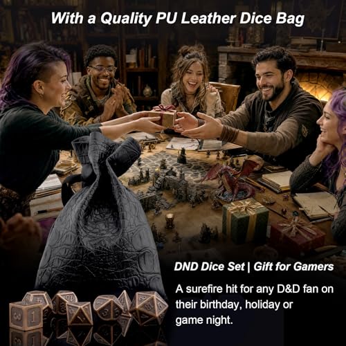 Haxtec Antique Copper Metal DND Dice Set with Leather Bag – 7-Piece Polyhedral Set