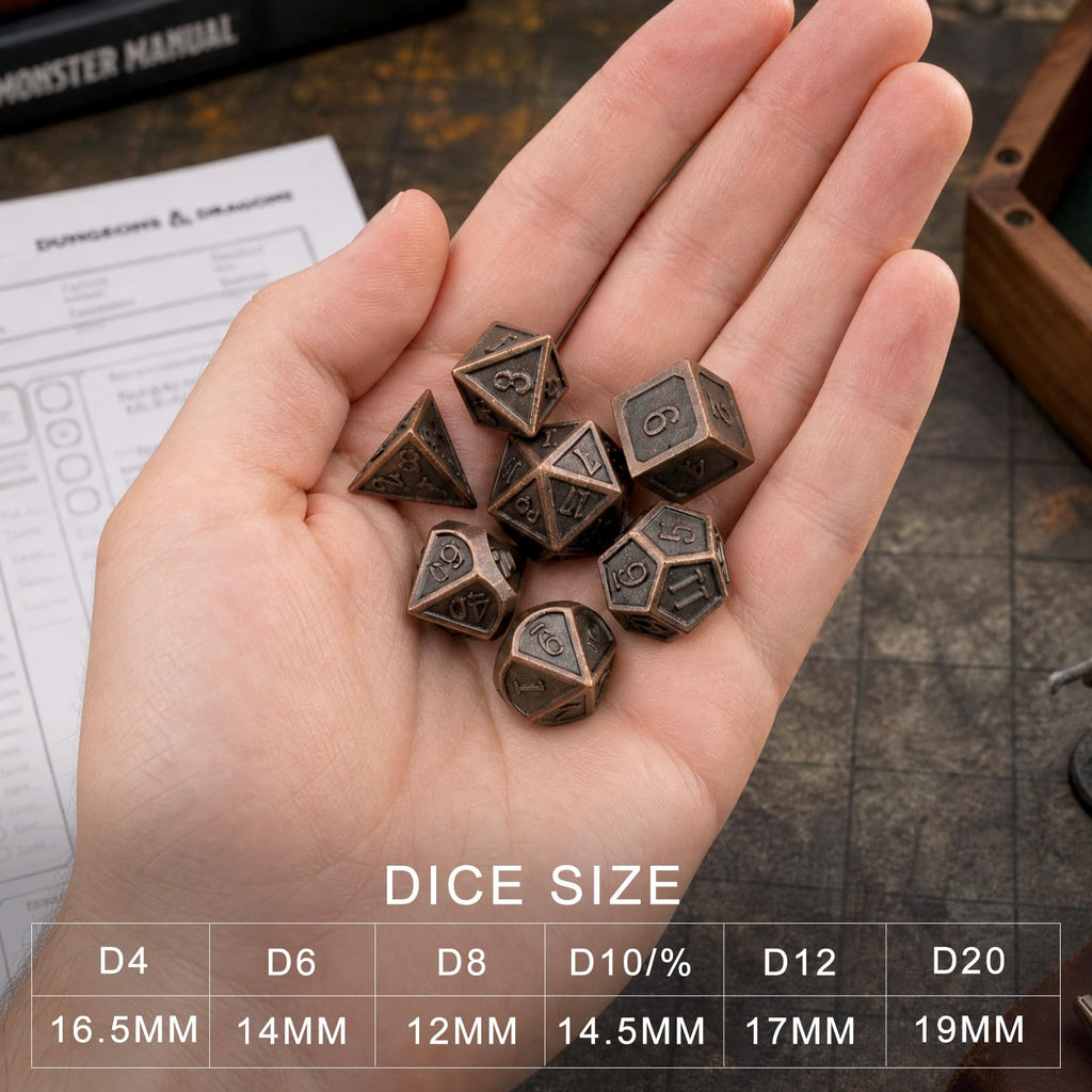 Haxtec Antique Copper Metal DND Dice Set with Leather Bag – 7-Piece Polyhedral Set