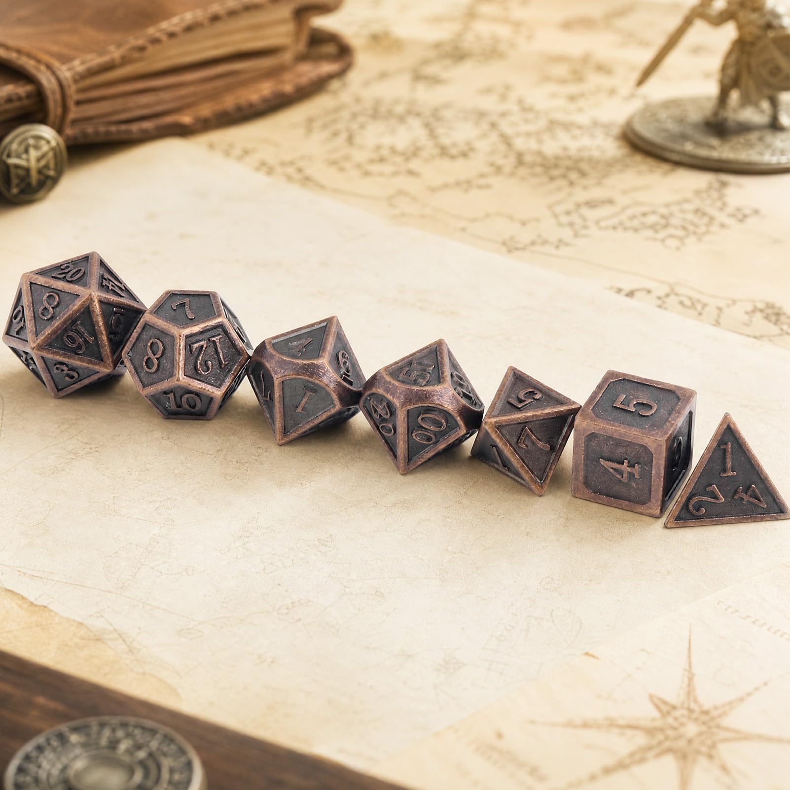 Haxtec Antique Copper Metal DND Dice Set with Leather Bag – 7-Piece Polyhedral Set