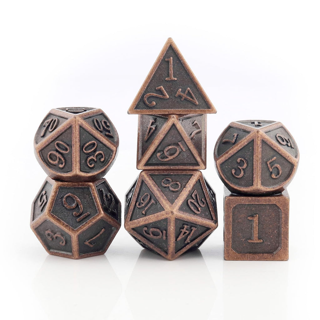 Haxtec Antique Copper Metal DND Dice Set with Leather Bag – 7-Piece Polyhedral Set