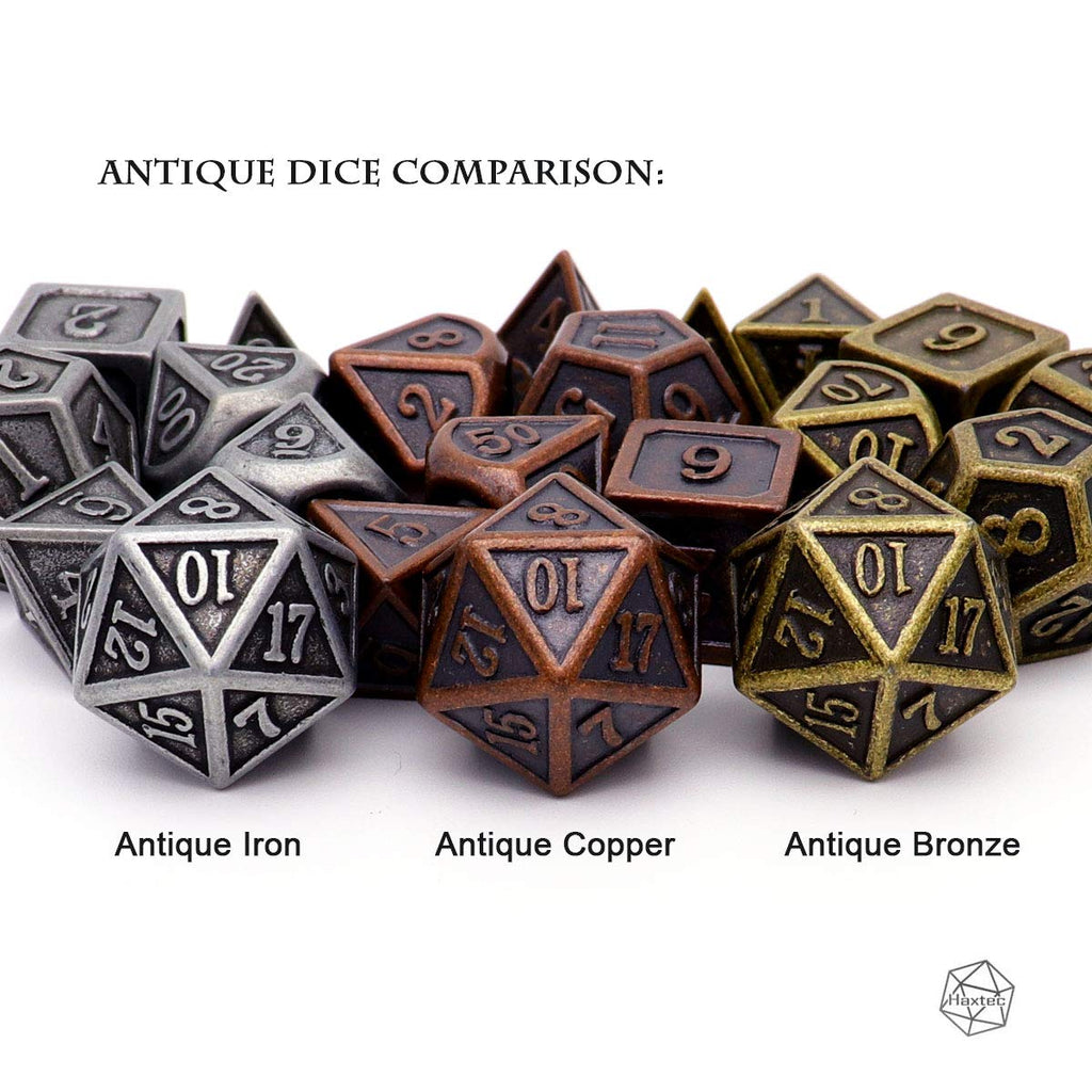 Haxtec Antique Copper Metal DND Dice Set with Leather Bag – 7-Piece Polyhedral Set