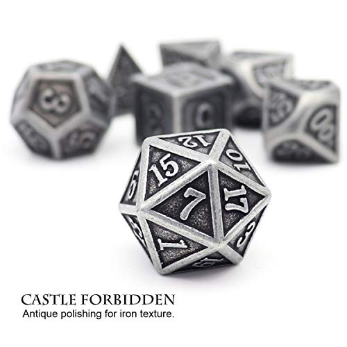 Haxtec Antique Silver Metal D&D Dice Set – Solid Zinc Alloy, 105g, with Leather Dice Bag