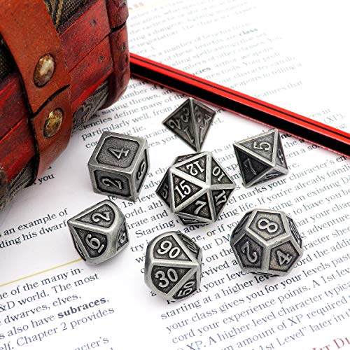 Haxtec Antique Silver Metal D&D Dice Set – Solid Zinc Alloy, 105g, with Leather Dice Bag
