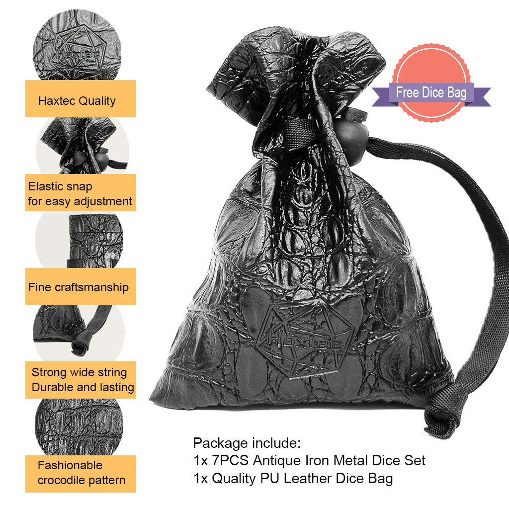 Haxtec Antique Silver Metal D&D Dice Set – Solid Zinc Alloy, 105g, with Leather Dice Bag