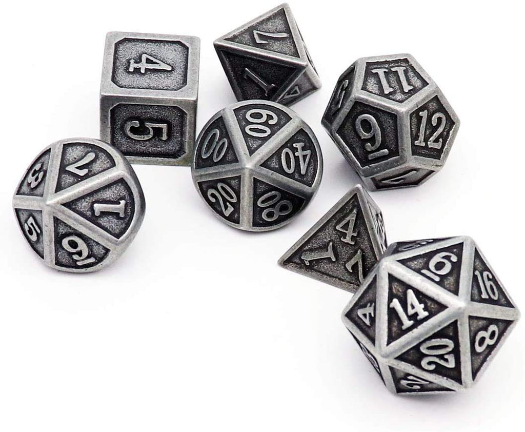 Haxtec Antique Silver Metal D&D Dice Set – Solid Zinc Alloy, 105g, with Leather Dice Bag