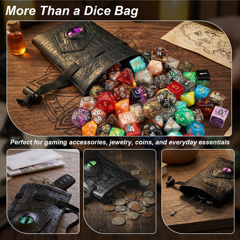 Haxtec Dragon Dice Bag – PU Leather Pouch with 3D Glass Dragon Eye (Patent D893867)