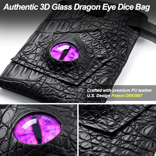 Haxtec Dragon Dice Bag with 3D Glass Dragon Eye – PU Leather Drawstring Pouch for D&D Dice Storage