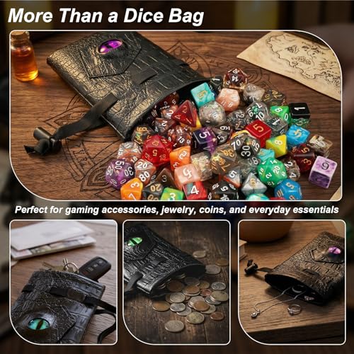 Haxtec Dragon Dice Bag with 3D Glass Dragon Eye – PU Leather Drawstring Pouch for D&D Dice Storage