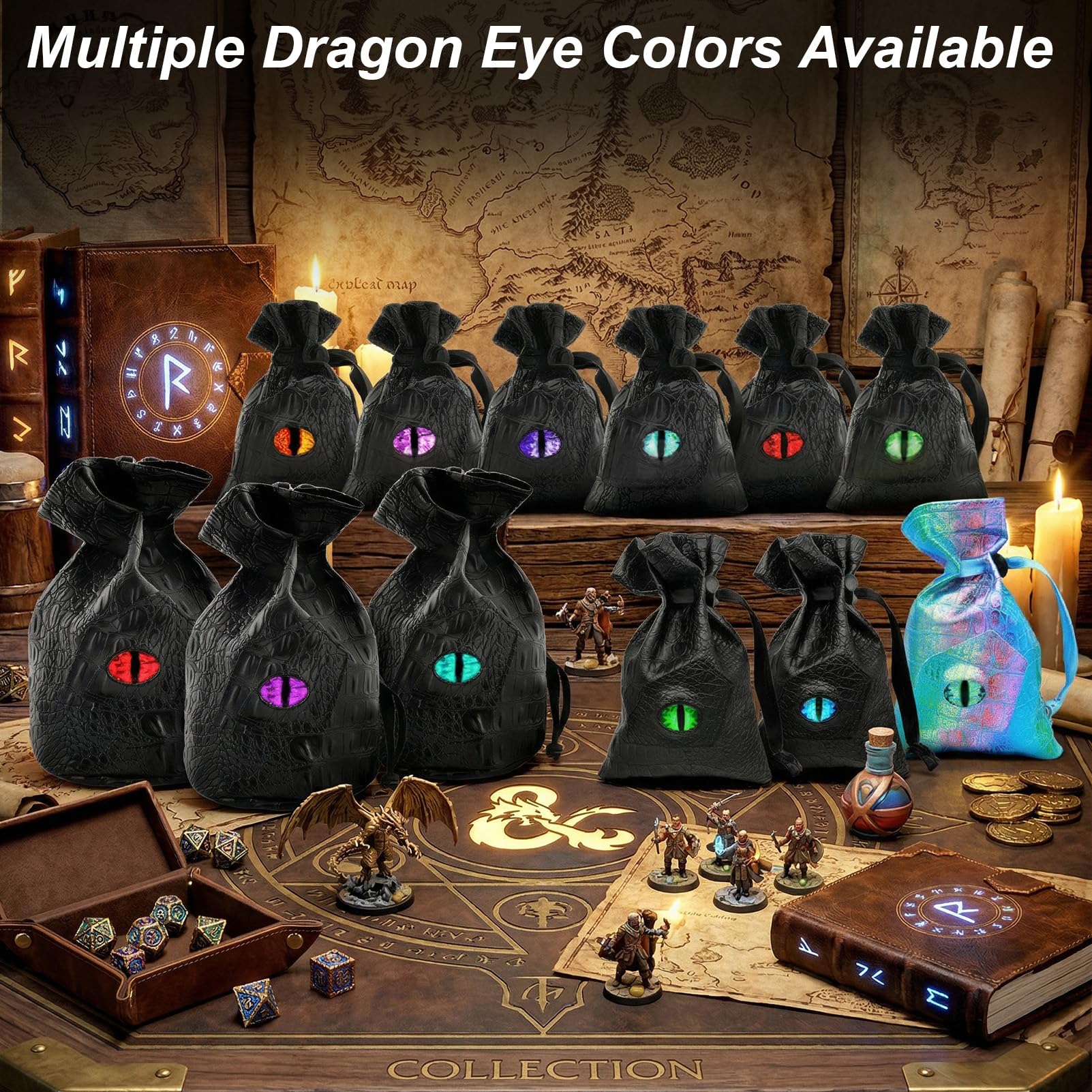 Haxtec Dragon Dice Bag with 3D Glass Dragon Eye – PU Leather Drawstring Pouch for D&D Dice Storage