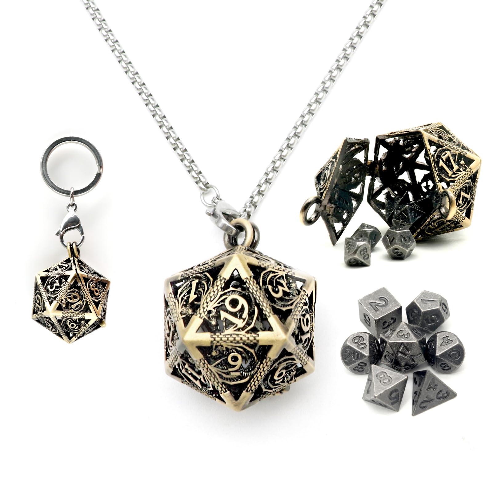 Haxtec Mini Metal DND Dice Set with D20 Cage Necklace & Keychain – Portable Micro D&D Dice for RPG Travel