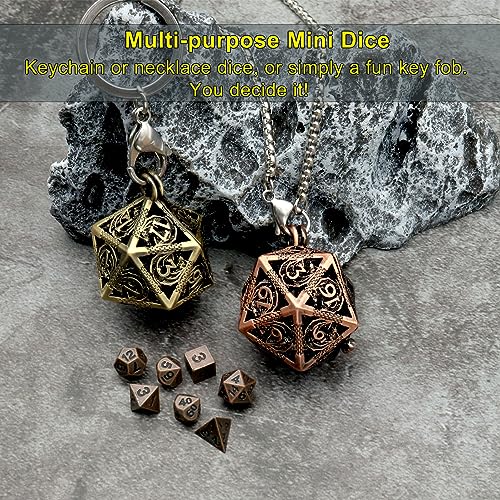 Haxtec Mini Metal DND Dice Set with D20 Cage Necklace & Keychain – Portable Micro D&D Dice for RPG Travel