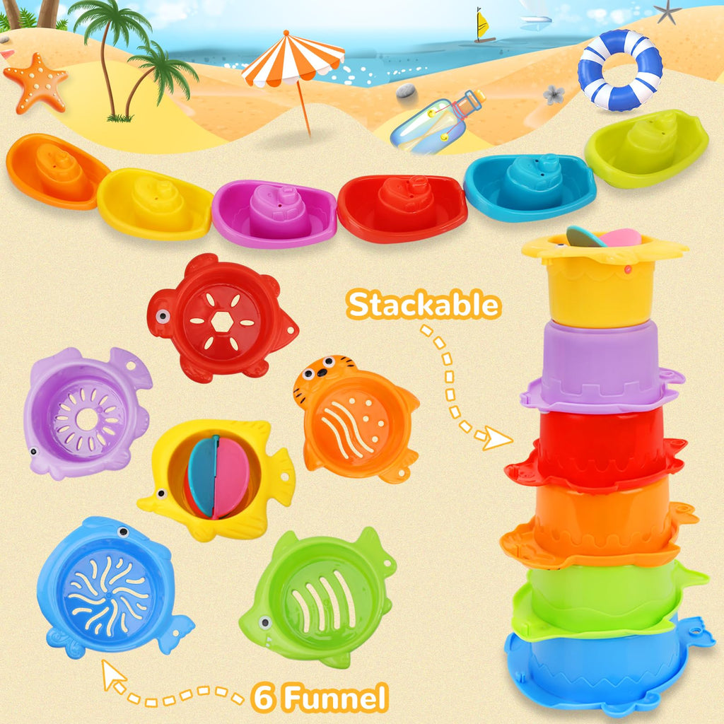 HCFJEH 13-Piece Bath Toy Set for Toddlers 1-3 – Floating Boats, Sea Animal Cups & Shark Shower Head