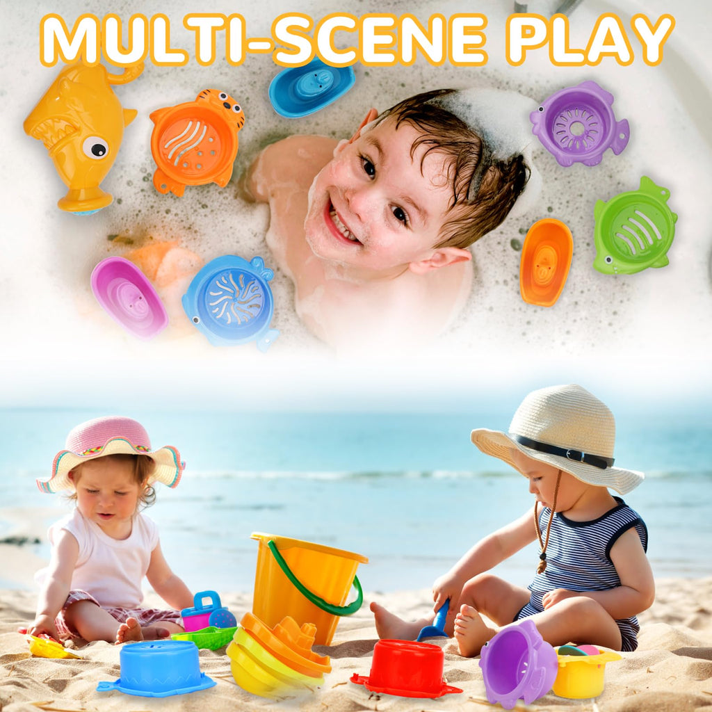 HCFJEH 13-Piece Bath Toy Set for Toddlers 1-3 – Floating Boats, Sea Animal Cups & Shark Shower Head