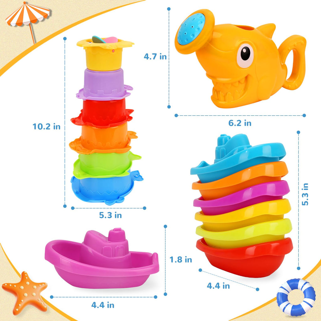 HCFJEH 13-Piece Bath Toy Set for Toddlers 1-3 – Floating Boats, Sea Animal Cups & Shark Shower Head