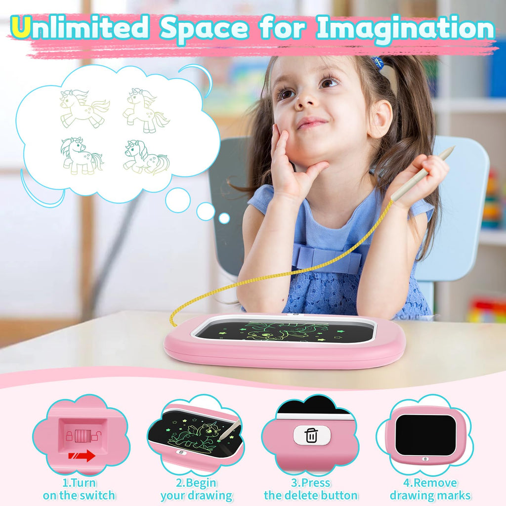 HCFJEH LCD Writing Tablet for Kids 1-5 – Pink Toddler Drawing Pad with Detachable Stand, One-Click Erase & Lock, Eye-Protection Screen, Mess-Free Doodle Board Toy for 2-3 Year Old Boys and Girls