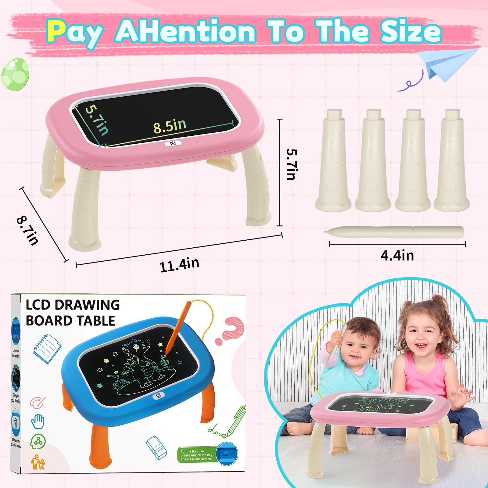 HCFJEH LCD Writing Tablet for Kids 1-5 – Pink Toddler Drawing Pad with Detachable Stand, One-Click Erase & Lock, Eye-Protection Screen, Mess-Free Doodle Board Toy for 2-3 Year Old Boys and Girls