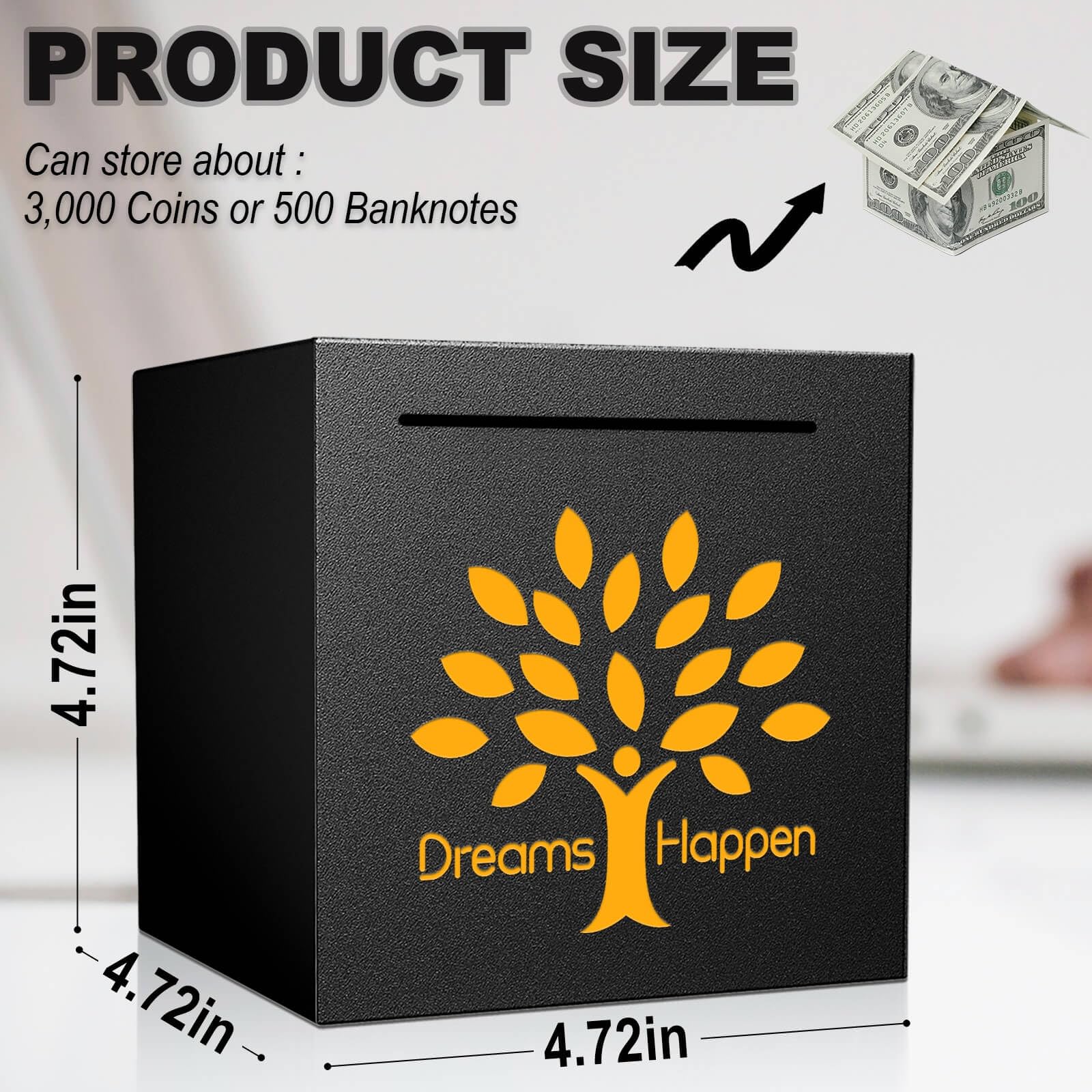 HCHANGEN Stainless Steel Piggy Bank - Must Break to Open - 4.72" Black - Dreams Happen