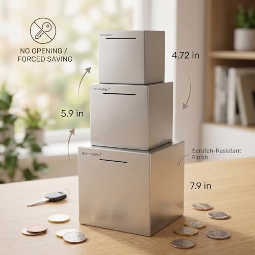 HCHANGEN Stainless Steel Piggy Bank – Break to Open, Silver 4.72" Saving Box for Cash