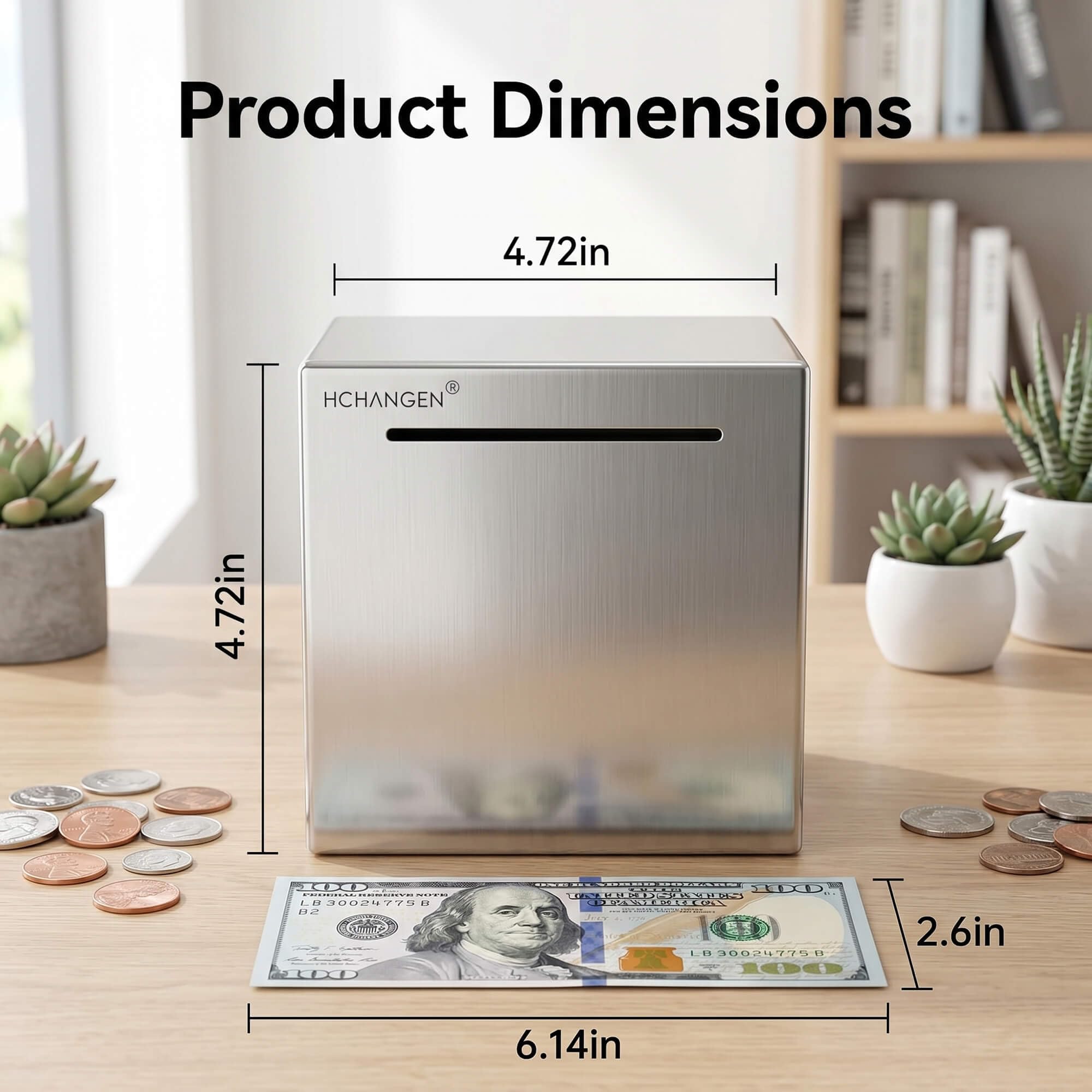 HCHANGEN Stainless Steel Piggy Bank – Break to Open, Silver 4.72" Saving Box for Cash
