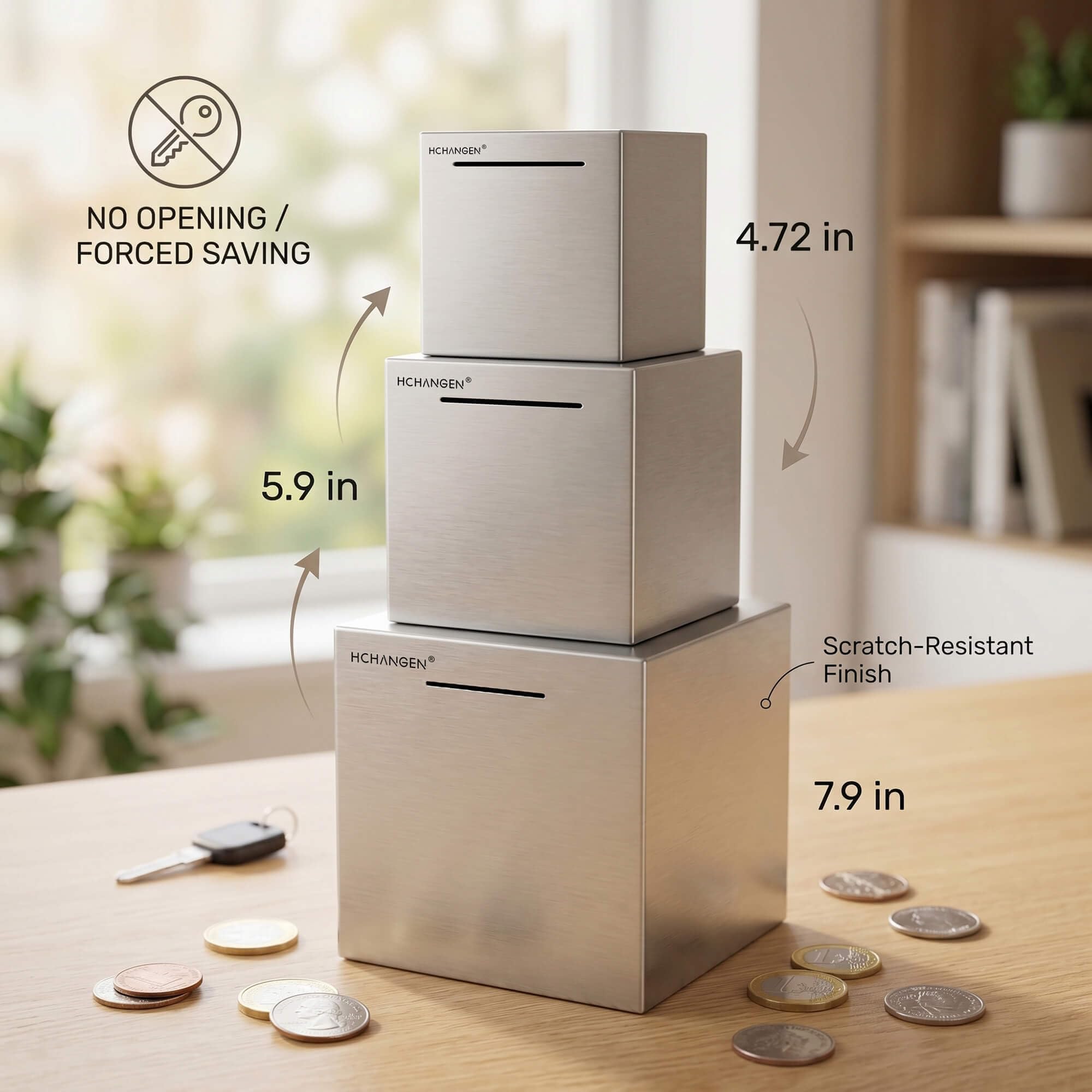 HCHANGEN Stainless Steel Piggy Bank – Break to Open, Silver 4.72" Saving Box for Cash