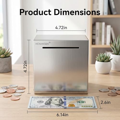 HCHANGEN Stainless Steel Piggy Bank – Break to Open, Silver 4.72" Saving Box for Cash