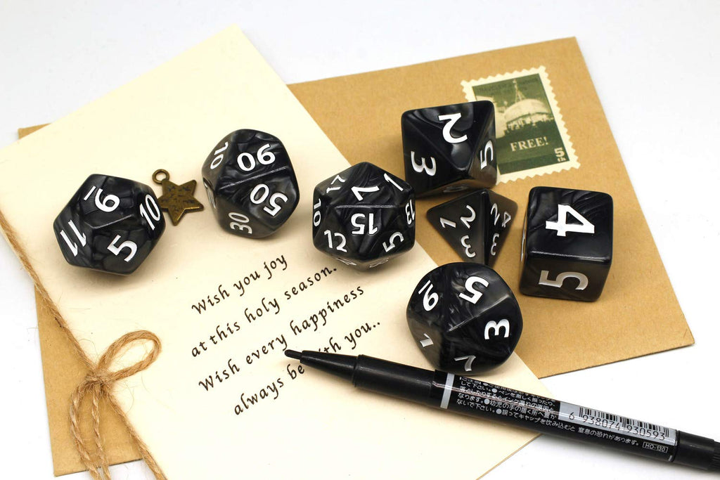 HD Giant Black 25mm Polyhedral Dice Set – 7 Oversized RPG Dice with Pearl Texture, Easy-Read Numbers for D&D, Pathfinder, MTG