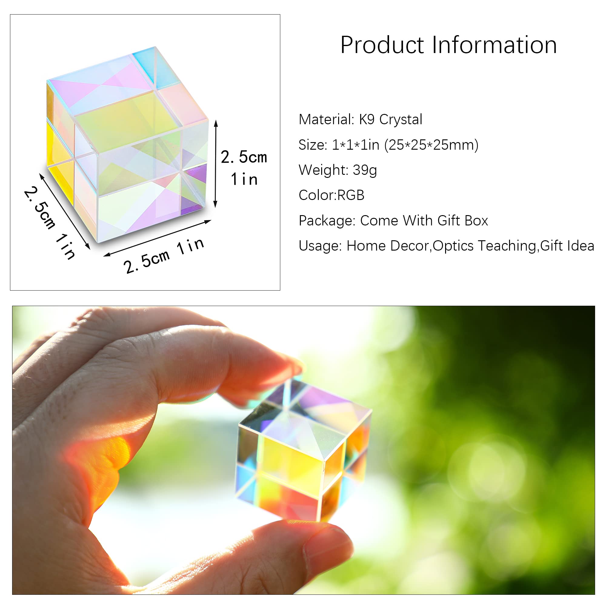 HDCRYSTALGIFTS 25mm Optical Glass X-Cube Prism – RGB Dispersion, Spectrum, Photography Props