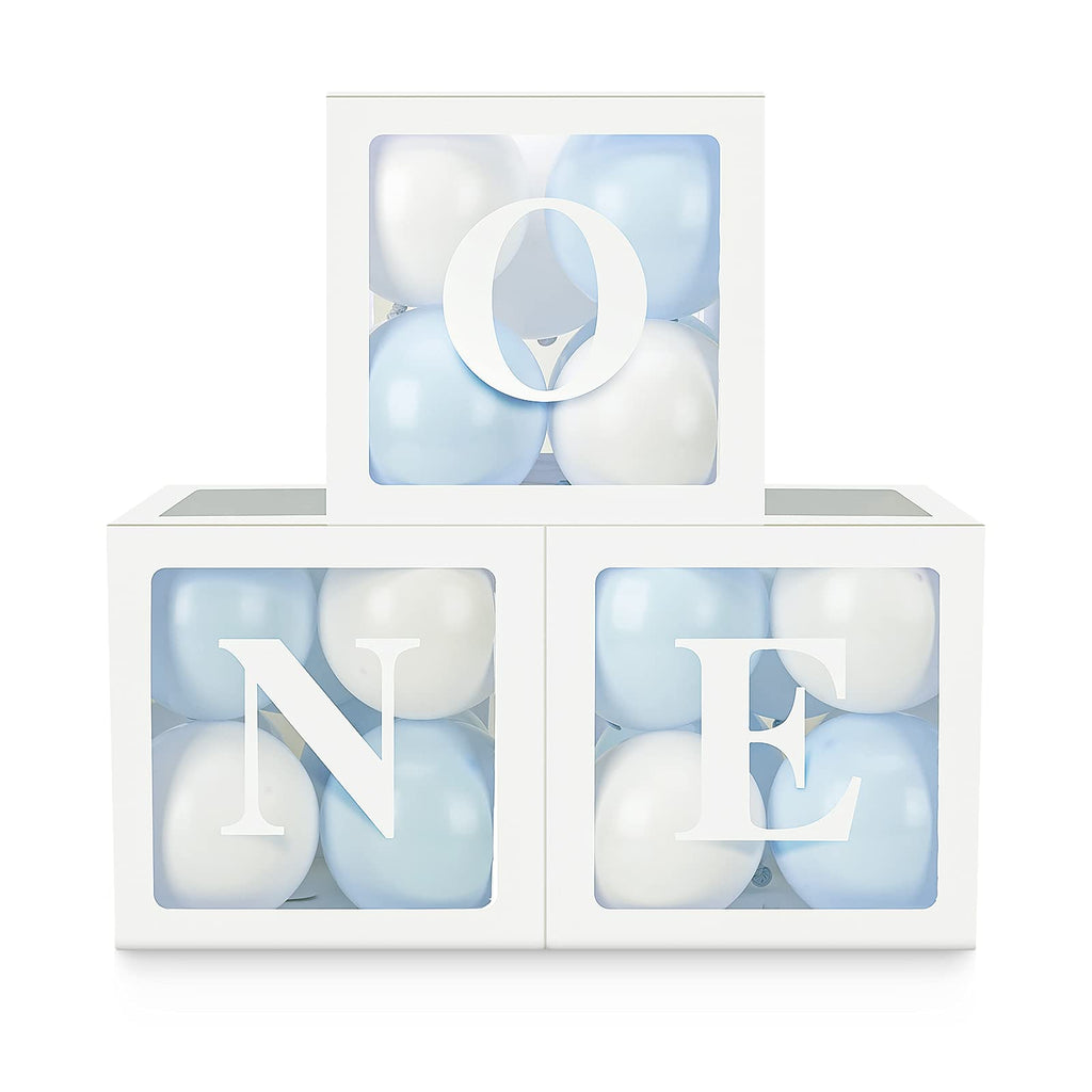 HDLJD Baby Boy First Birthday 'ONE' Letter Balloon Boxes with 24 Balloons – White & Baby Blue Decor Set