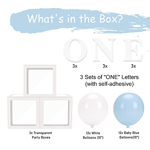 HDLJD Baby Boy First Birthday 'ONE' Letter Balloon Boxes with 24 Balloons – White & Baby Blue Decor Set