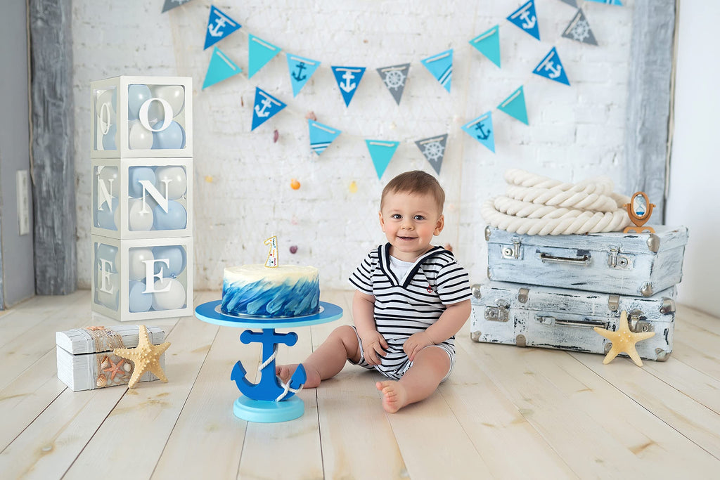 HDLJD Baby Boy First Birthday 'ONE' Letter Balloon Boxes with 24 Balloons – White & Baby Blue Decor Set