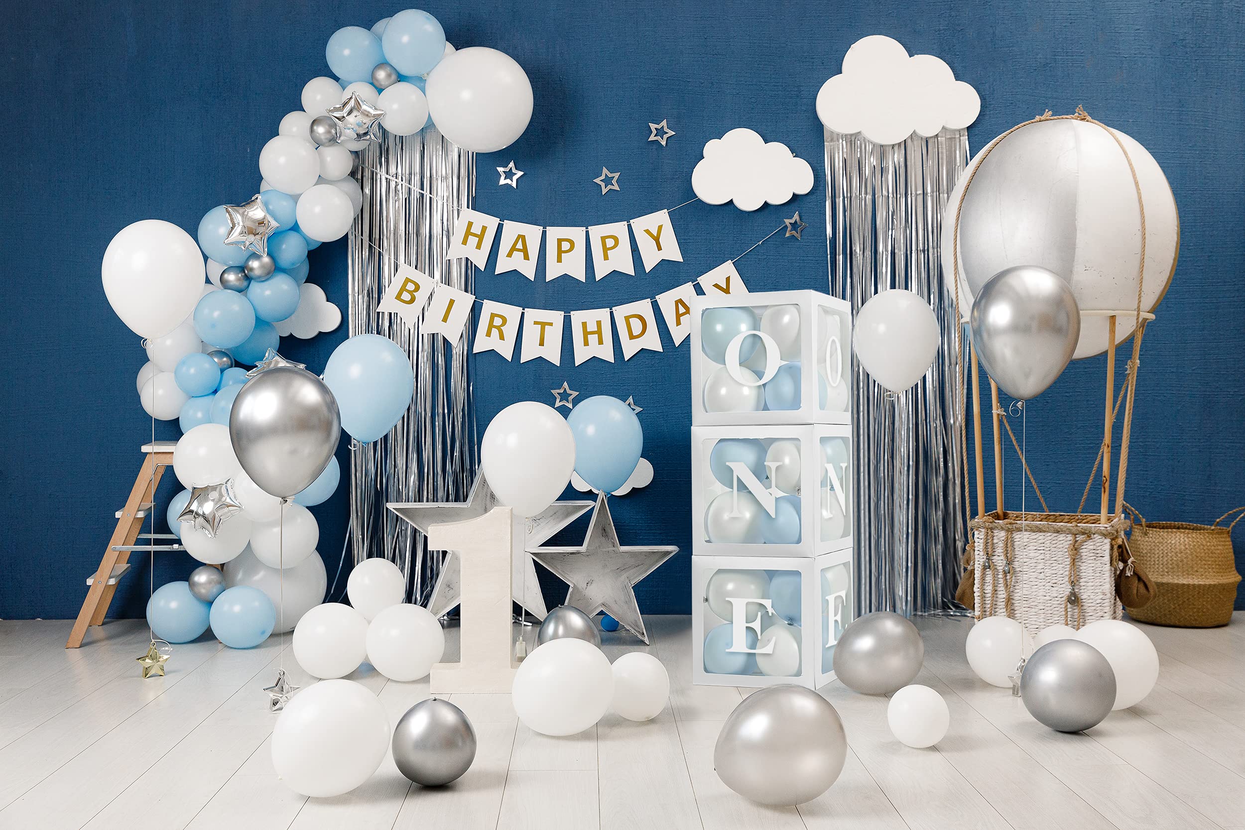 HDLJD Baby Boy First Birthday 'ONE' Letter Balloon Boxes with 24 Balloons – White & Baby Blue Decor Set