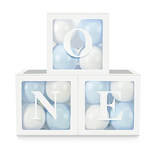 HDLJD Baby Boy First Birthday 'ONE' Letter Balloon Boxes with 24 Balloons – White & Baby Blue Decor Set