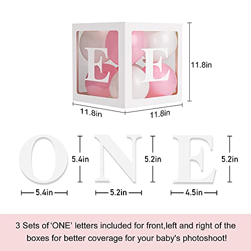 HDLJD Baby Girl First Birthday 'ONE' Letter Boxes with 24 Balloons - Transparent Cube Decor for 1st Birthday Party Backdrop