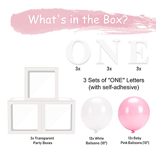 HDLJD Baby Girl First Birthday 'ONE' Letter Boxes with 24 Balloons - Transparent Cube Decor for 1st Birthday Party Backdrop