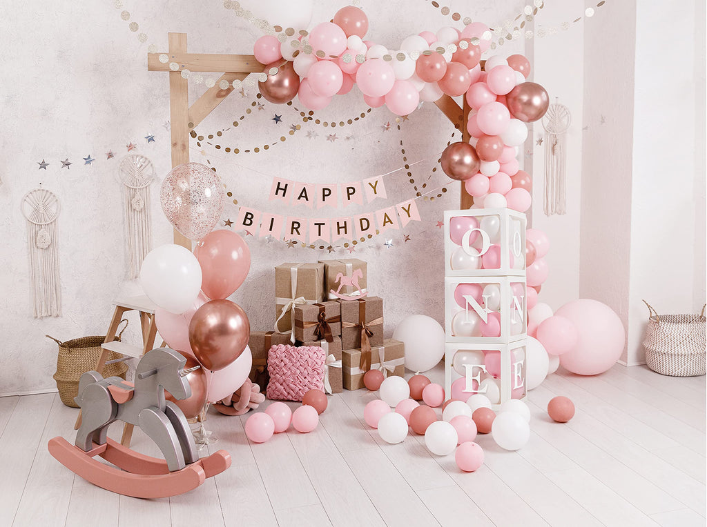 HDLJD Baby Girl First Birthday 'ONE' Letter Boxes with 24 Balloons - Transparent Cube Decor for 1st Birthday Party Backdrop