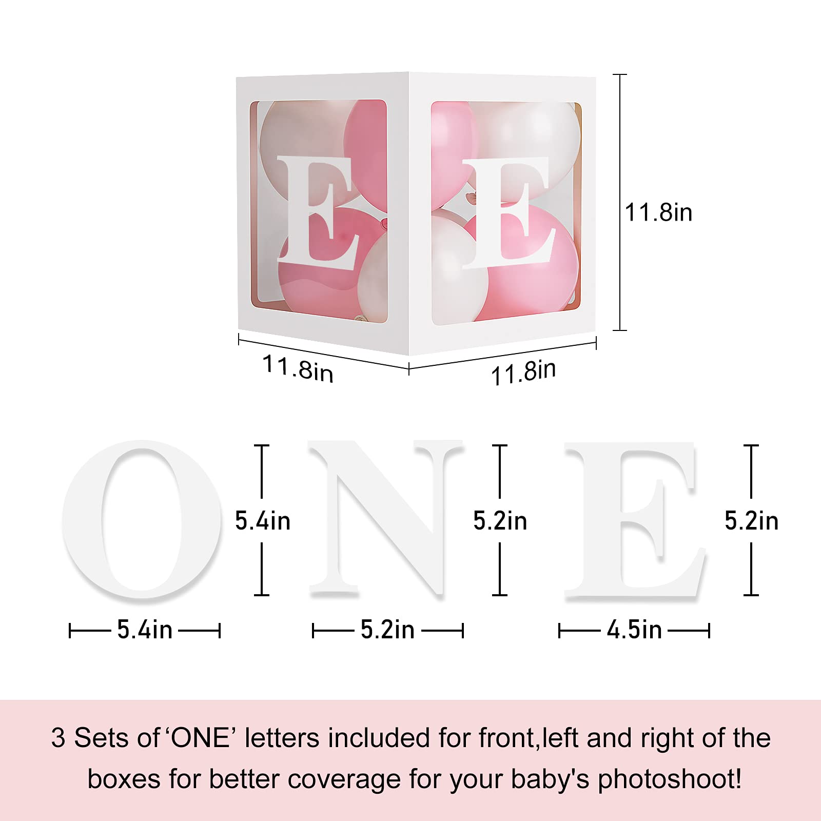 HDLJD Baby Girl First Birthday 'ONE' Letter Boxes with 24 Balloons - Transparent Cube Decor for 1st Birthday Party Backdrop