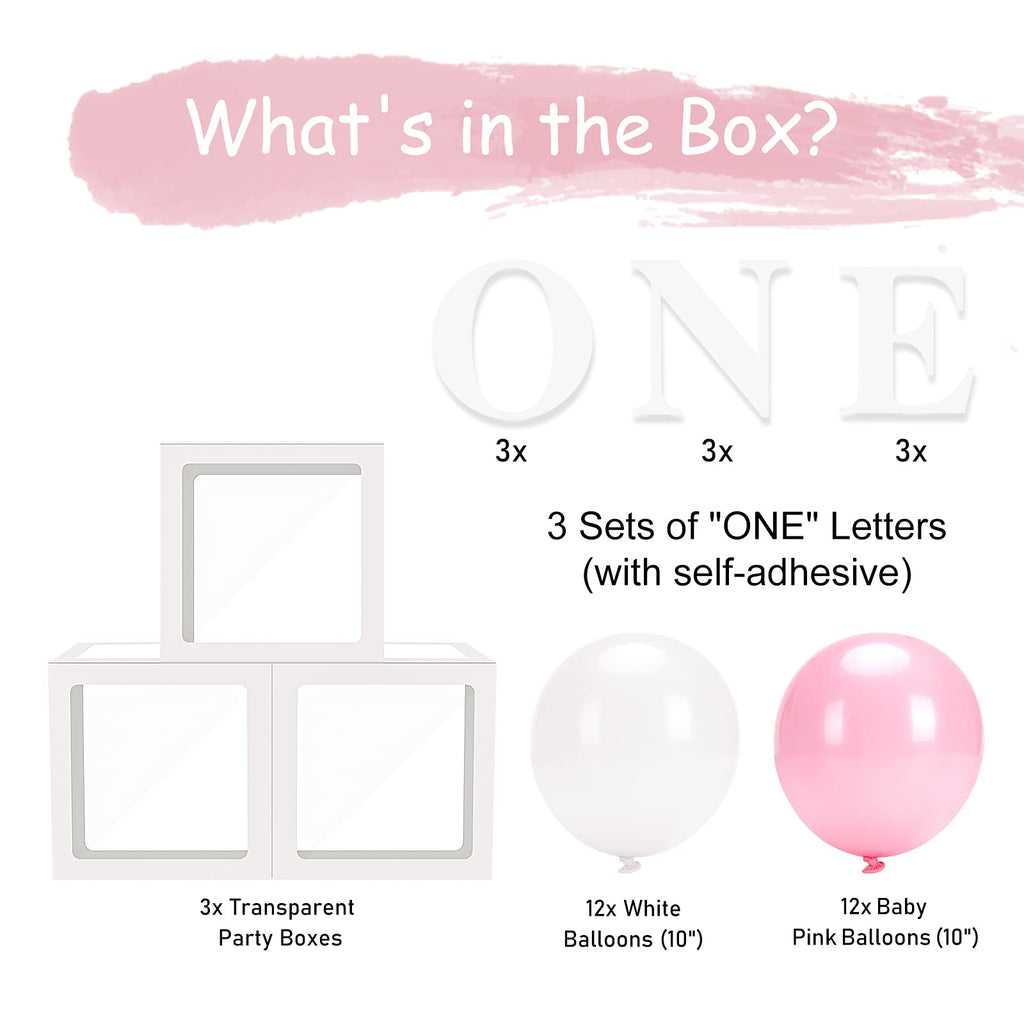 HDLJD Baby Girl First Birthday 'ONE' Letter Boxes with 24 Balloons - Transparent Cube Decor for 1st Birthday Party Backdrop