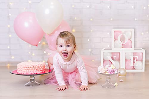 HDLJD Baby Girl First Birthday 'ONE' Letter Boxes with 24 Balloons - Transparent Cube Decor for 1st Birthday Party Backdrop