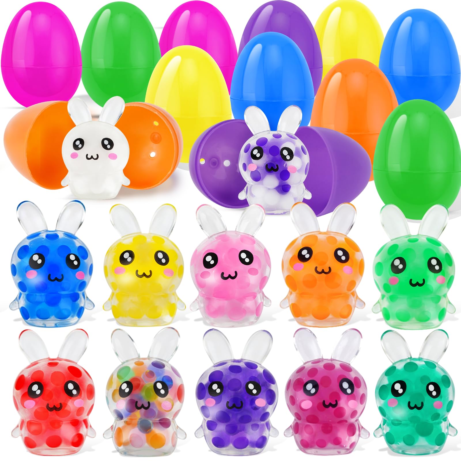 HEAEUNK Prefilled Easter Eggs with Bunny Squishy Toys – 12 Pc Set for Baskets & Parties